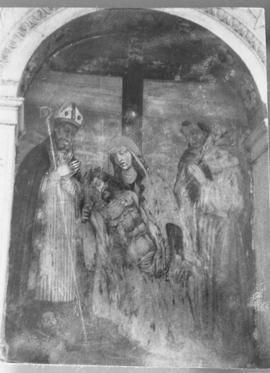 Pietà, compianto sul Cristo morto, Sant'Antonio da Padova e Santo vescovo (dipinto, opera isolata) - ambito Italia centrale (sec. XV)