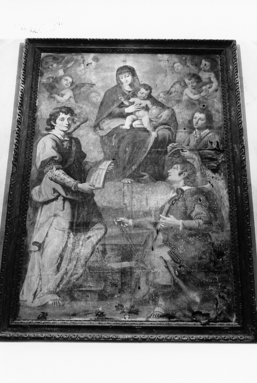 Madonna degli angeli, Madonna in cielo con bambino, angeli e santi musicanti (pala d'altare, opera isolata) - ambito napoletano (sec. XVII)