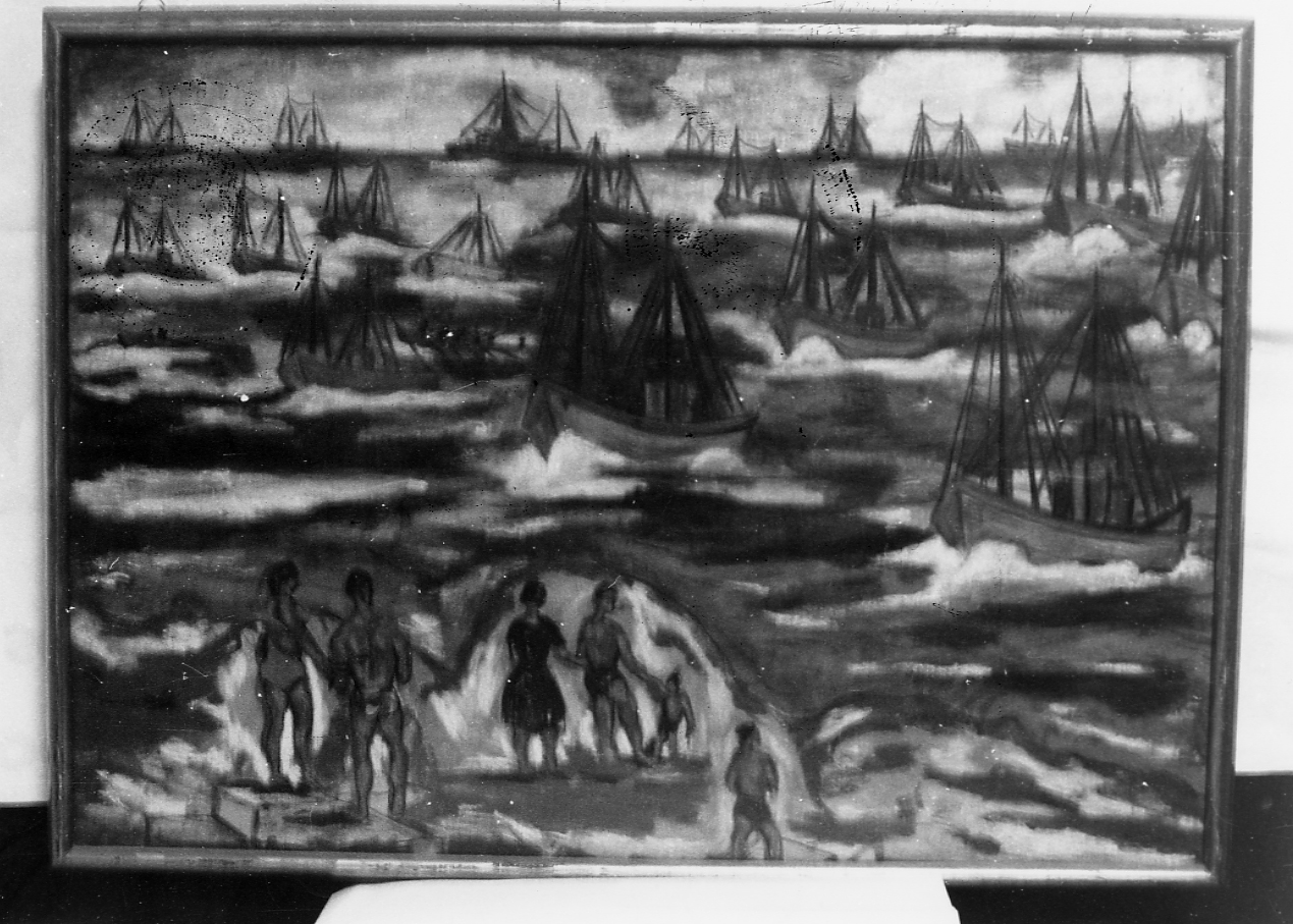 La processione di S. Andrea, marina con pescatori e barche (dipinto) di Viola Fulvio (sec. XX)