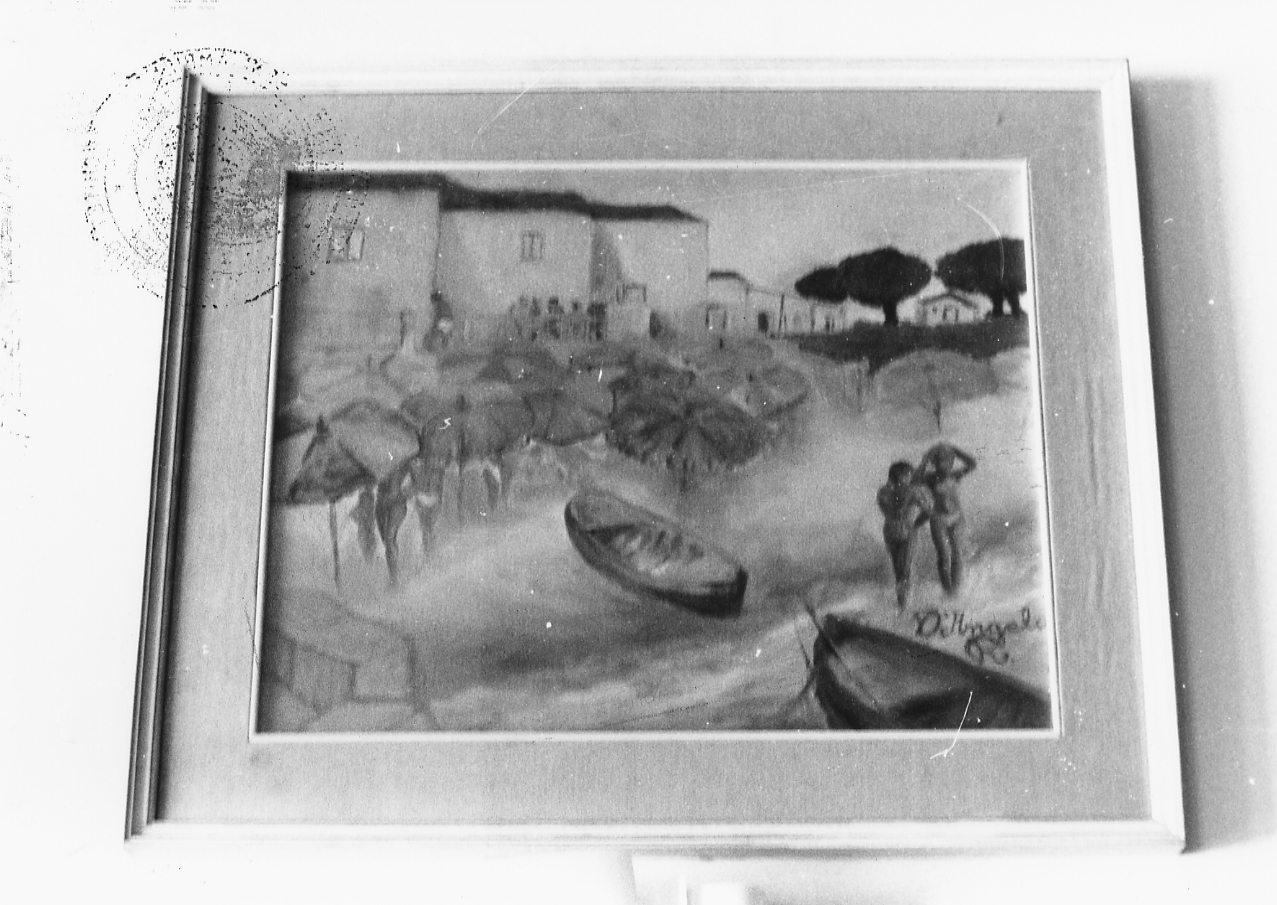 Spiaggia pescarese, paesaggio marino (dipinto) di D'Angelo Raimondo (terzo quarto sec. XX)
