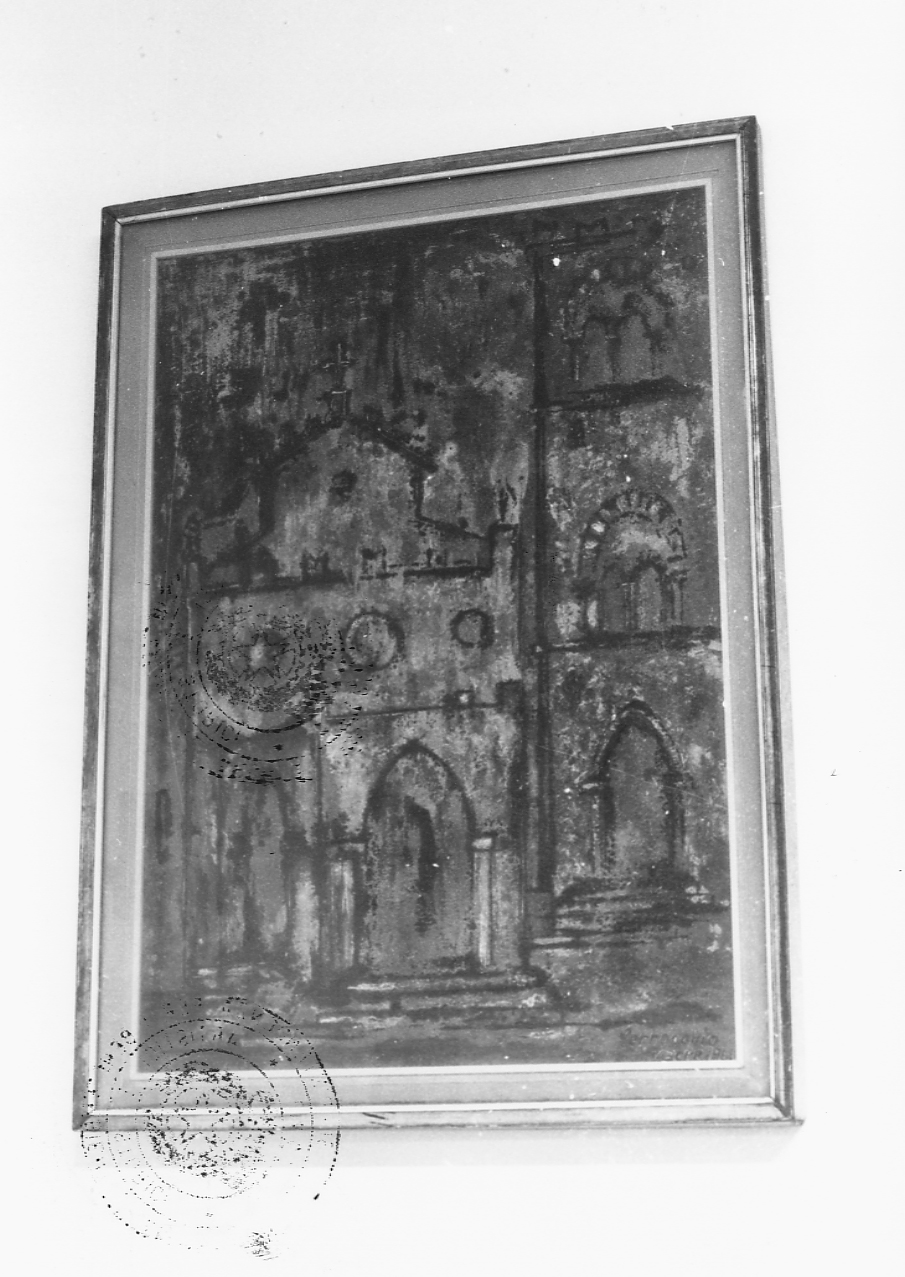Cristianità nel tempo, paesaggio con architetture (dipinto) di Verrocchio Vacre (sec. XX)