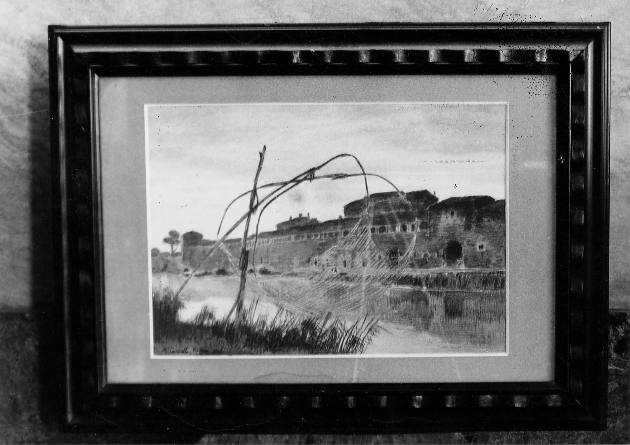 Veduta del fiume Pescara con il bagno penale, veduta del fiume Pescara con il bagno penale (dipinto) di Cascella Michele (sec. XX)