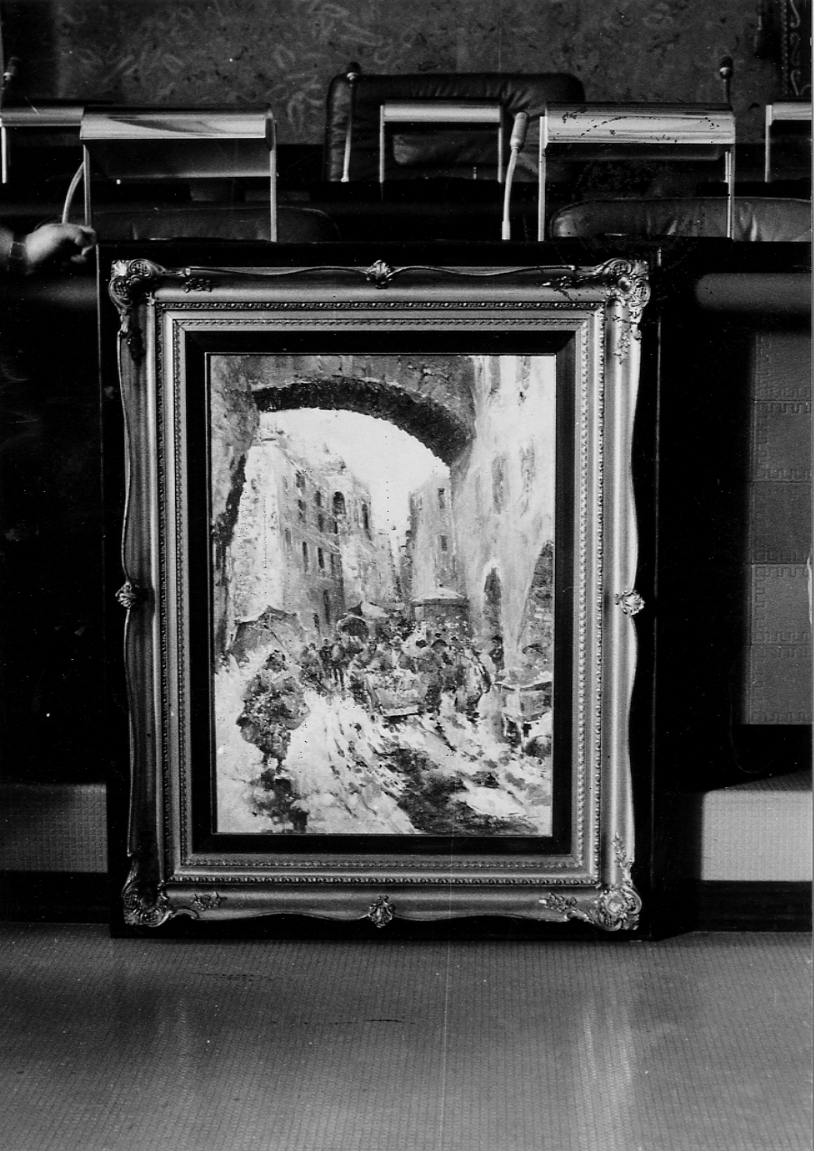 Mercato sotto la neve, paesaggio invernale (dipinto) di Mantovani Guido (prima metà sec. XX)