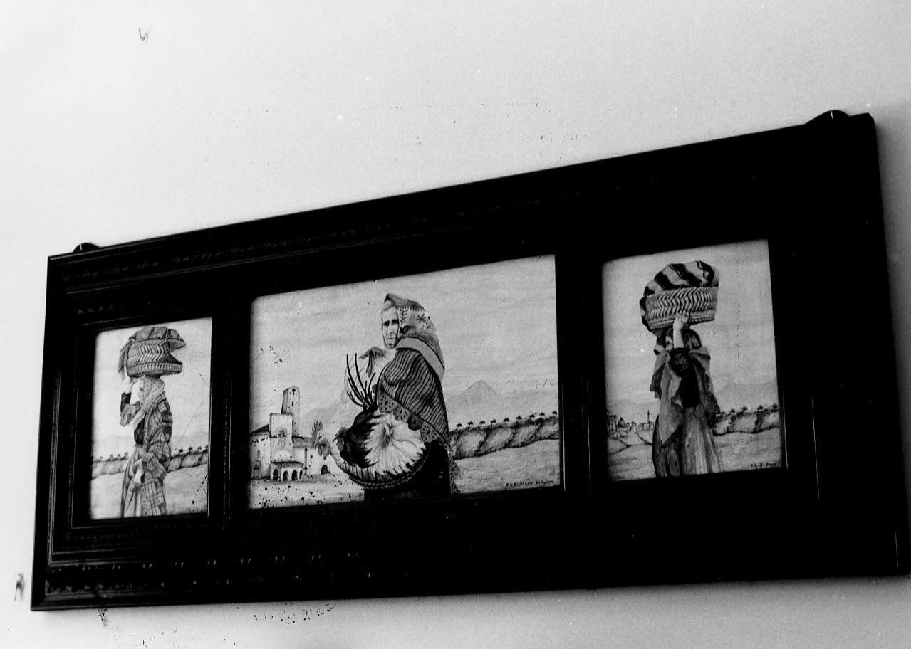 figure femminili con paesaggio e veduta dell'abbazia di S. Maria di Propezzano (polittico) di Di Blasio Elio (metà sec. XX)