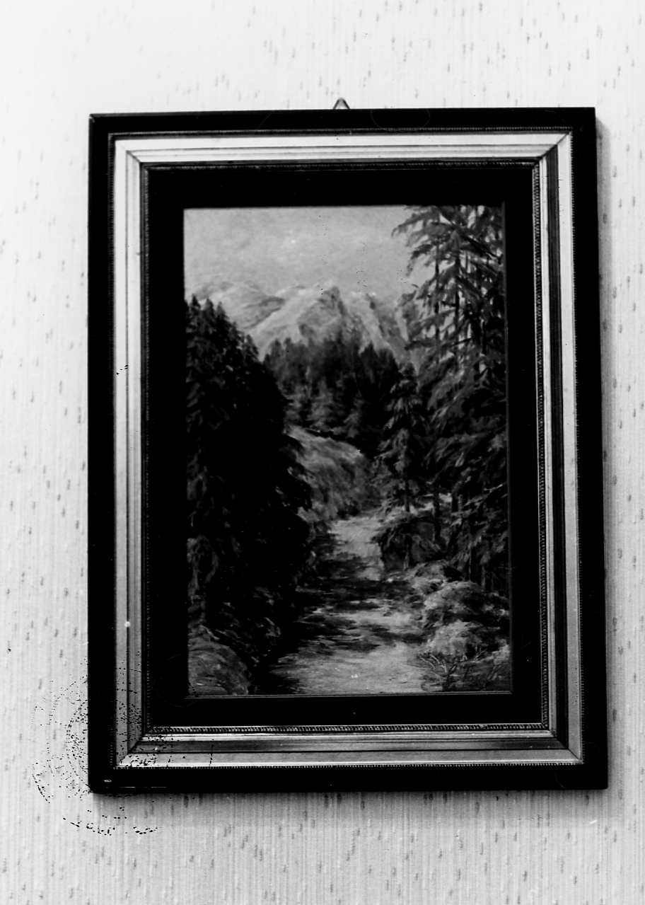 San Cassiano, alta Val Badia e la cima del monte "Putia", paesaggio montano (dipinto) di Tosello G (sec. XX)