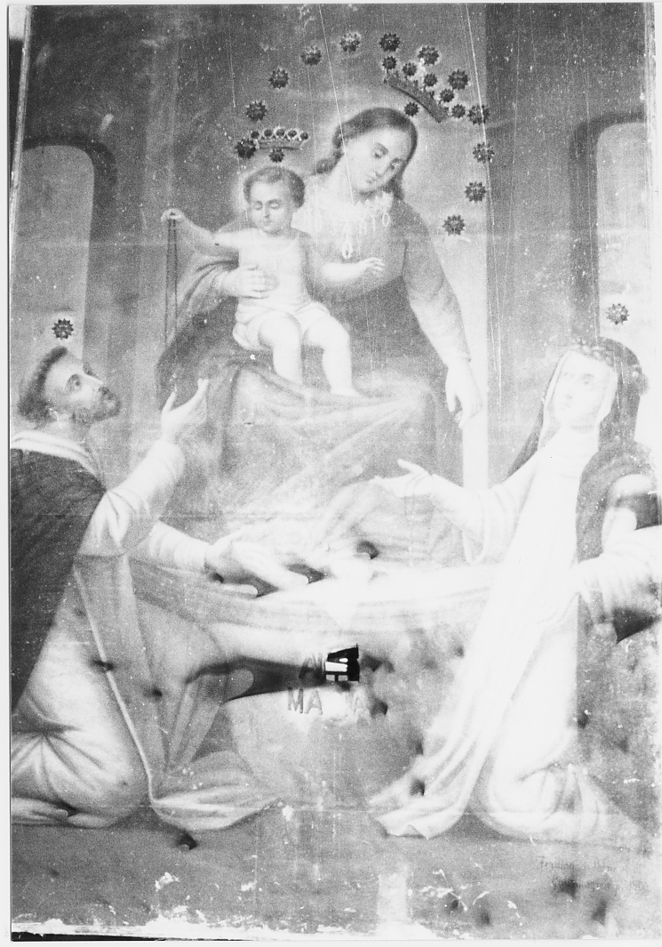 Madonna del Rosario con San Domenico e Santa Caterina da Siena (dipinto) di Palmerio Ferdinando (sec. XX)
