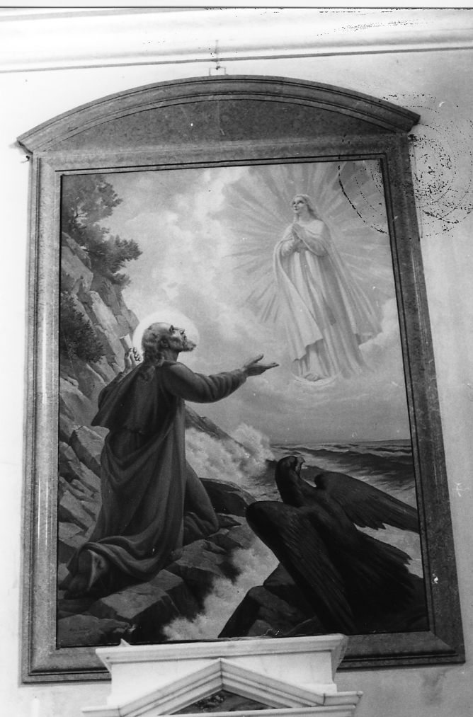 Visione di San Giovanni a Patmos, Madonna Immacolata appare a San Giovanni Evangelista nell'isola di Patmos (dipinto) di Barberis Mario (sec. XX)