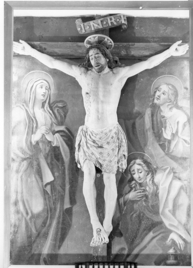 crocifissione di Cristo con la Madonna, Santa Maria Maddalena e San Giovanni Battista (dipinto) - ambito Italia centrale (sec. XVI)