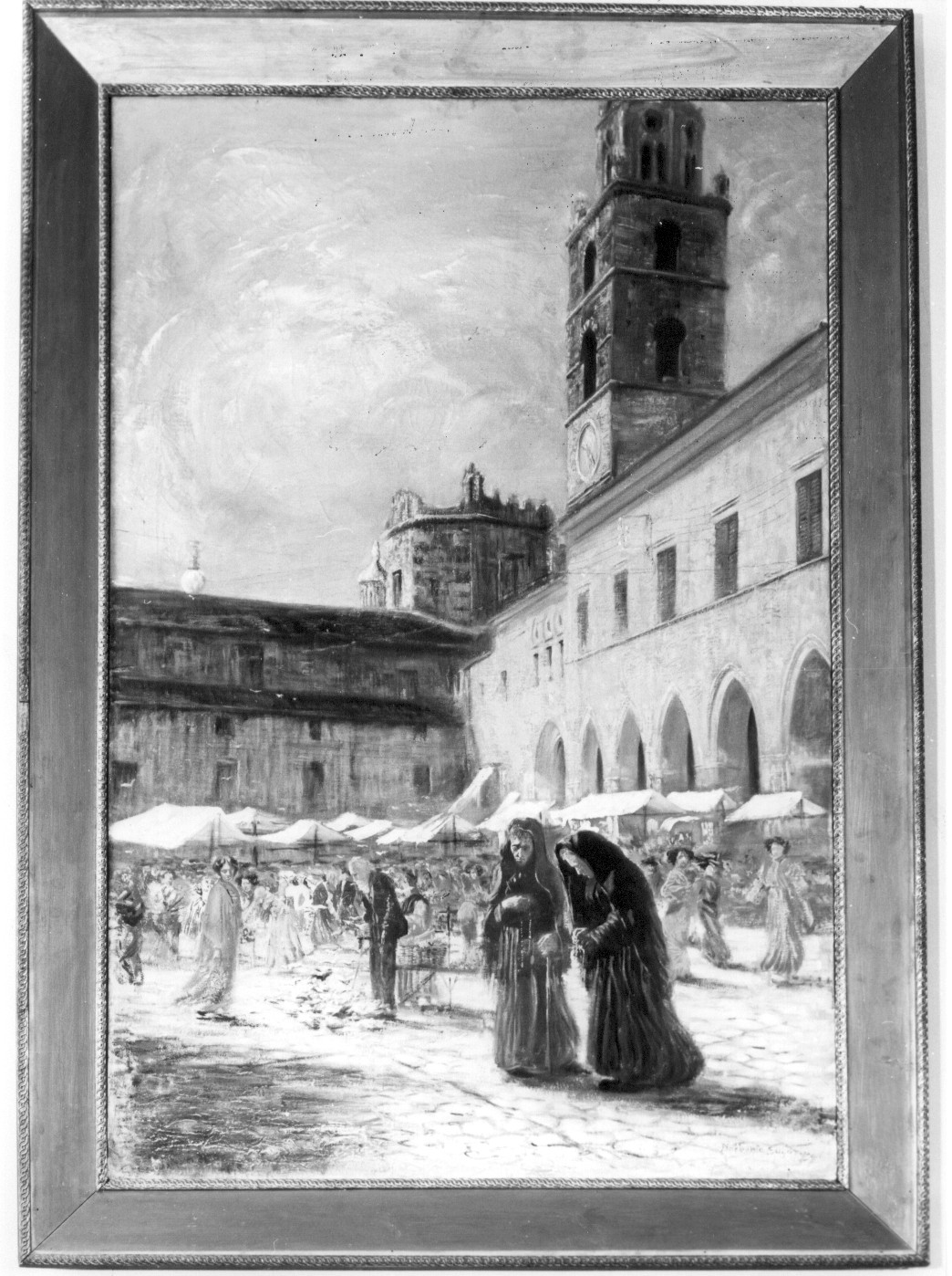 Mercato con veduta Duomo e portico vescovile, veduta di Teramo (dipinto, opera isolata) di Sagaria Norberto (attribuito) (inizio sec. XX)