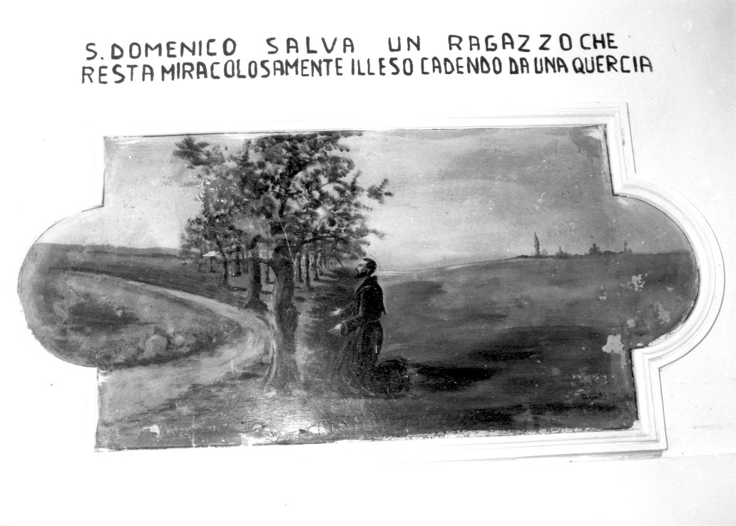 San Domenico salva un ragazzo che resta miracolosamente illeso cadendo da una quercia (dipinto) di Gentile Alfredo (attribuito) (sec. XX)