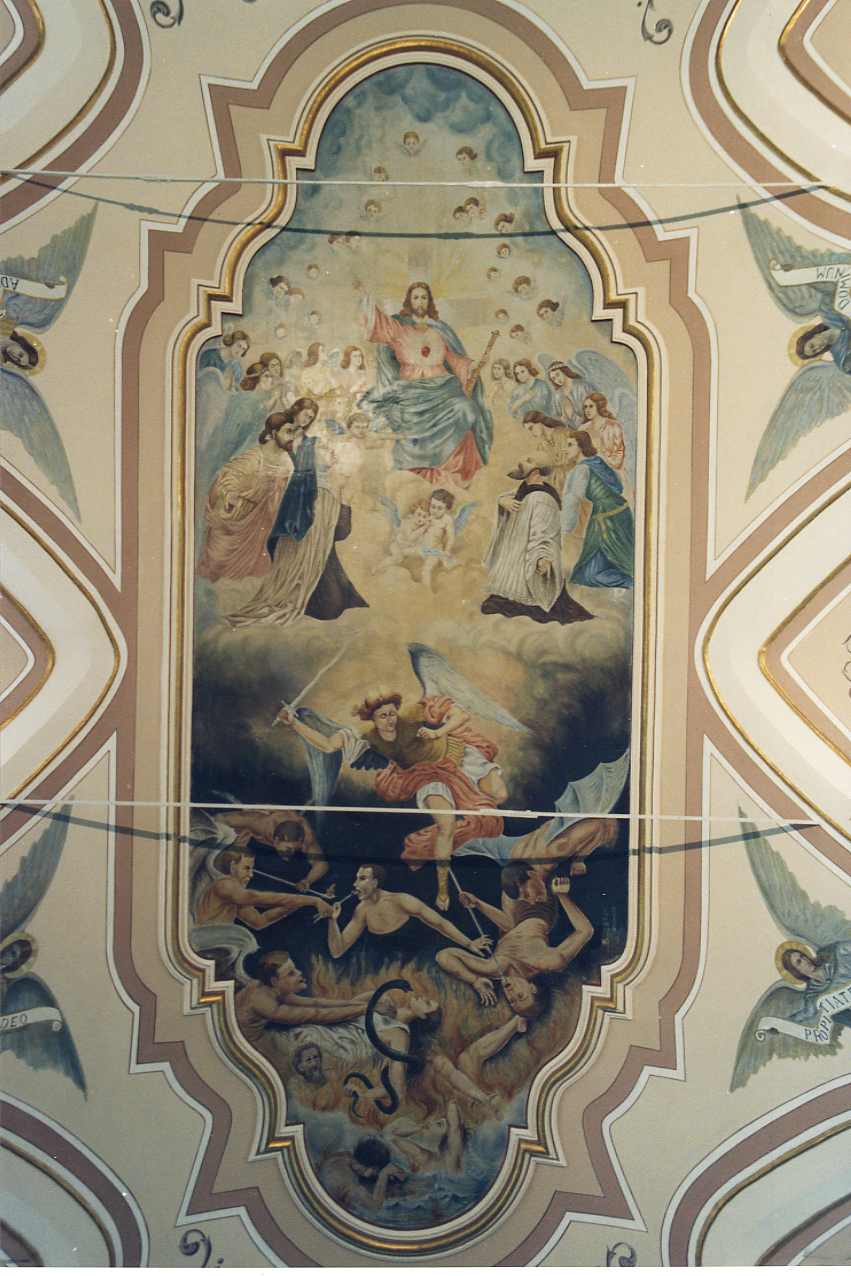 Cristo in croce con Santi Domenico e Caterina; angeli; Arcangelo Gabriele on dannati (dipinto) di Bravo Pasquale (inizio sec. XX)