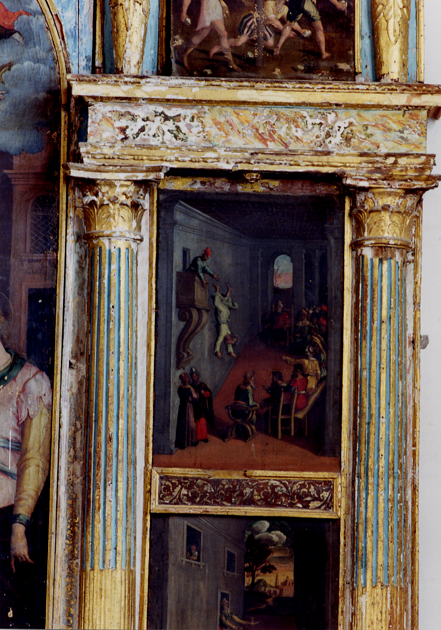 SAN GIACOMO IL MINORE GETTATO DAL PULPITO DURANTE LA PREDICA (scomparto di polittico) - ambito abruzzese (secc. XVI/ XVII)
