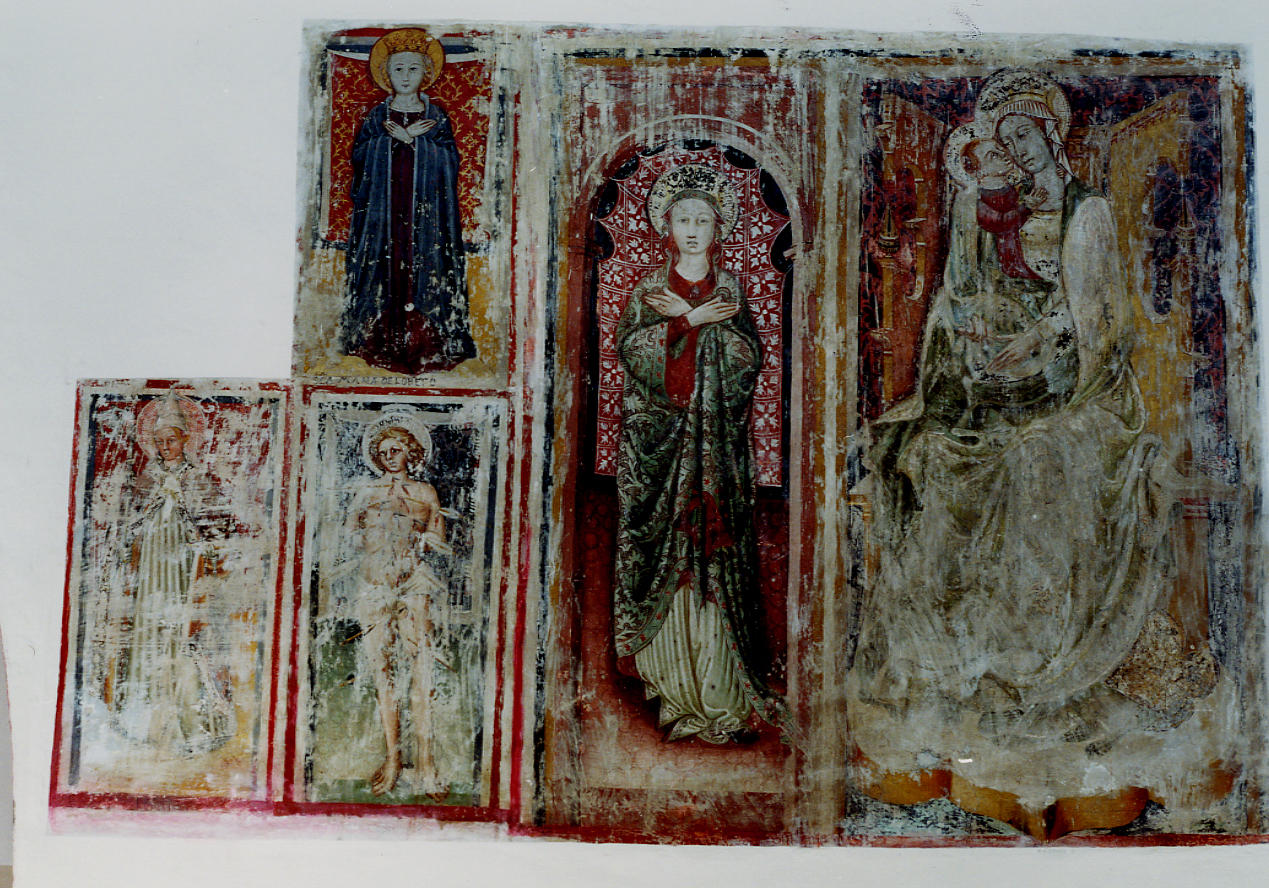 MADONNA CON BAMBINO IN TRONO, IMMACOLATA, SAN SEBASTIANO, SAN ELEUTERIO E MADONNA DI LORETO (dipinto) - ambito marchigiano (prima metà sec. XV)