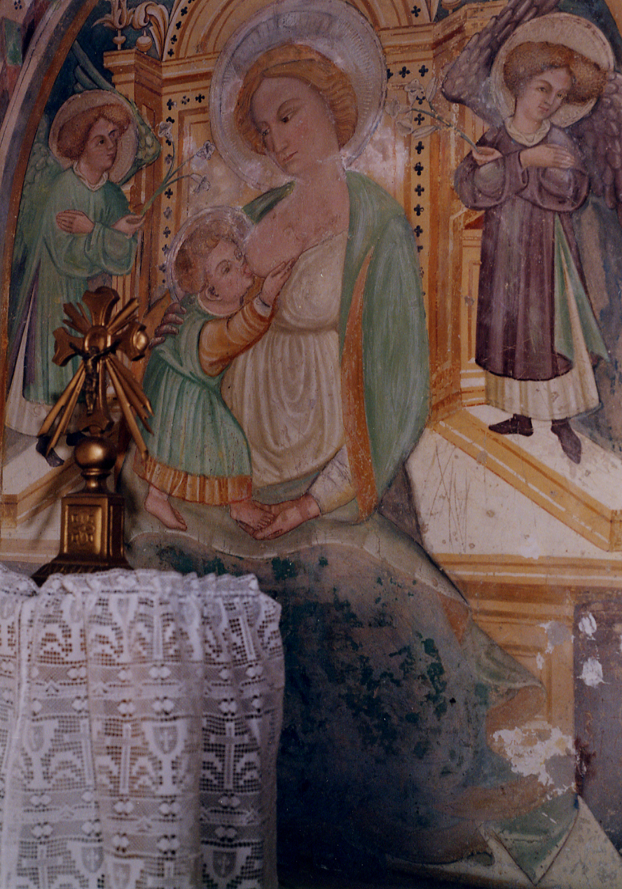 MADONNA DEL LATTE TRA DUE ANGELI (dipinto, opera isolata) - ambito marchigiano (sec. XV)