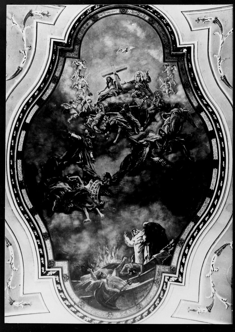 SAN NICOLA DI BARI INTERCEDE PER LE ANIME DEL PURGATORIO PRESSO LA TRINITA' (dipinto, opera isolata) di D'Agostino Gaetano (attribuito) (sec. XX)