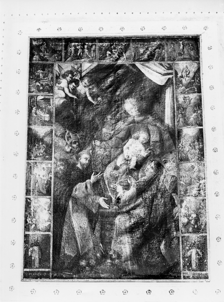 MADONNA DEL ROSARIO CON I MISTERI DEL ROSARIO, SAN PIETRO E ALAZIO (dipinto) - ambito abruzzese (sec. XVII)