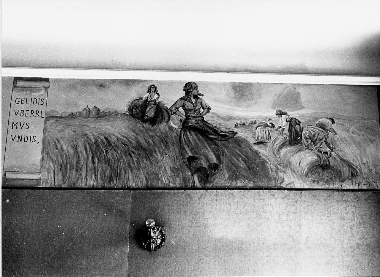 VITTORIA ALATA E ATTIVITA' AGRICOLE ED ARTIGIANE LOCALI (dipinto, ciclo) di Alicandri Vincenzo (sec. XX)