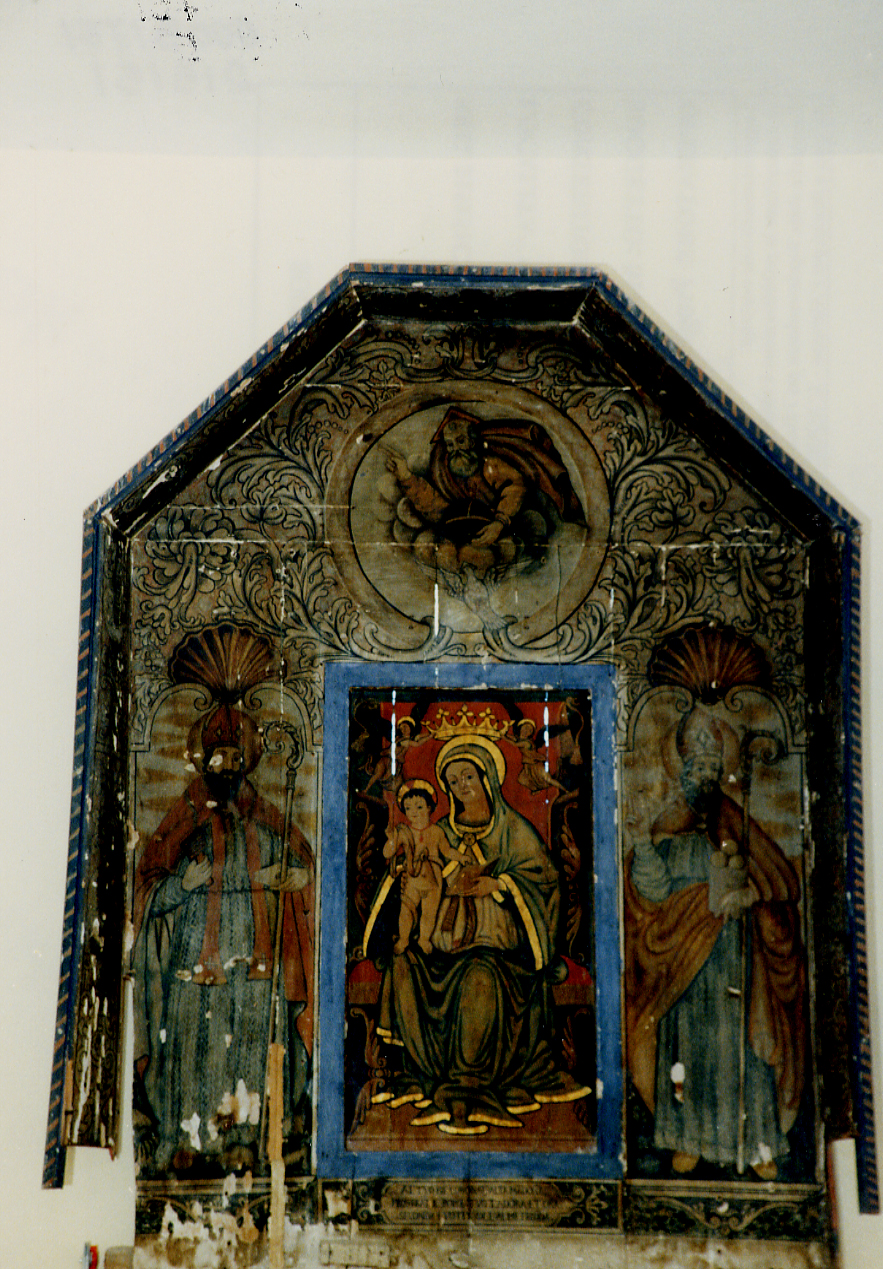 MADONNA CON BAMBINO IN TRONO CON SAN BIAGIO E SAN NICOLA, DIO PADRE E COLOMBA DELLO SPIRITO SANTO (dossale, frammento) - ambito abruzzese (inizio sec. XVIII)