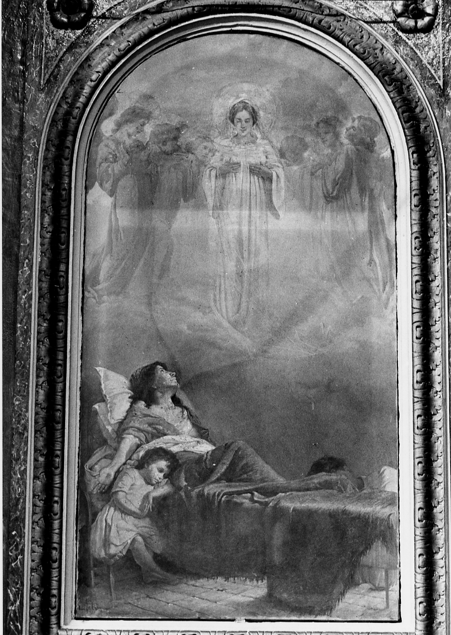 Madonna con personaggi che implorano il suo aiuto (dipinto) di Patrignani Carlo (primo quarto sec. XX)