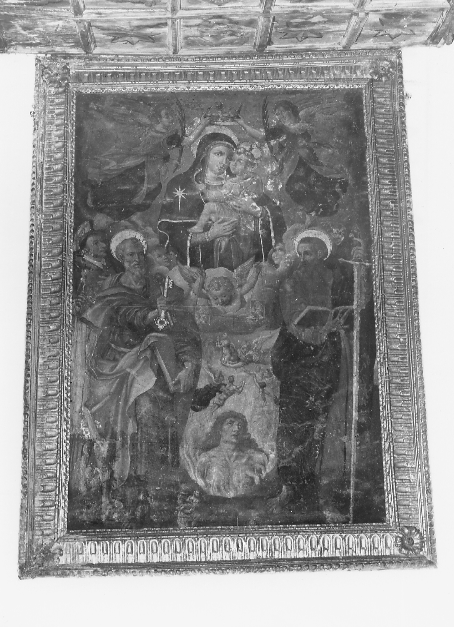 madonna del carmelo e anime del purgatorio con san paolo, san pietro e san (dipinto) - ambito abruzzese (sec. XVI)