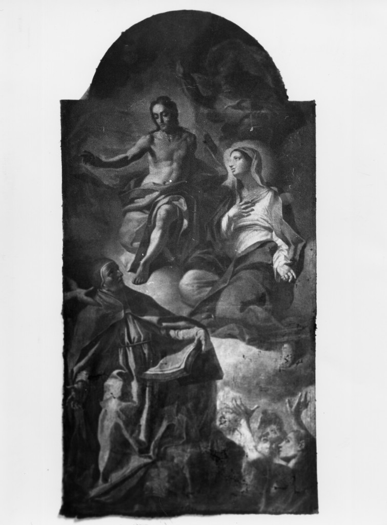 SANTO VESCOVO ORANTE DINANZI A CRISTO, MADONNA E L'ETERNO (dipinto) - ambito abruzzese (sec. XVIII)