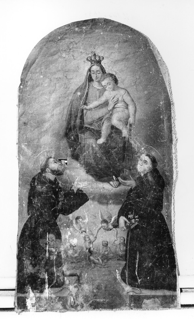 MADONNA CON BAMBINO, SAN FANCESCO E SANT'ANTONIO (dipinto) di Palmerio Ferdinando (sec. XIX)