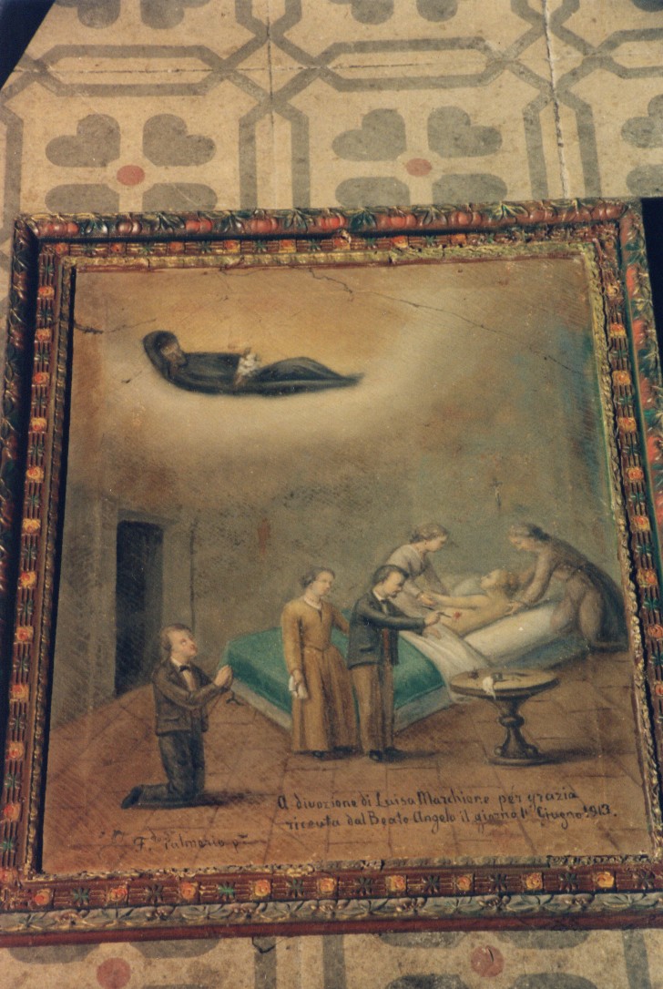 scena di guarigione miracolosa con apparizione del Beato Angelo (ex voto) di Palmerio Ferdinando (sec. XX)