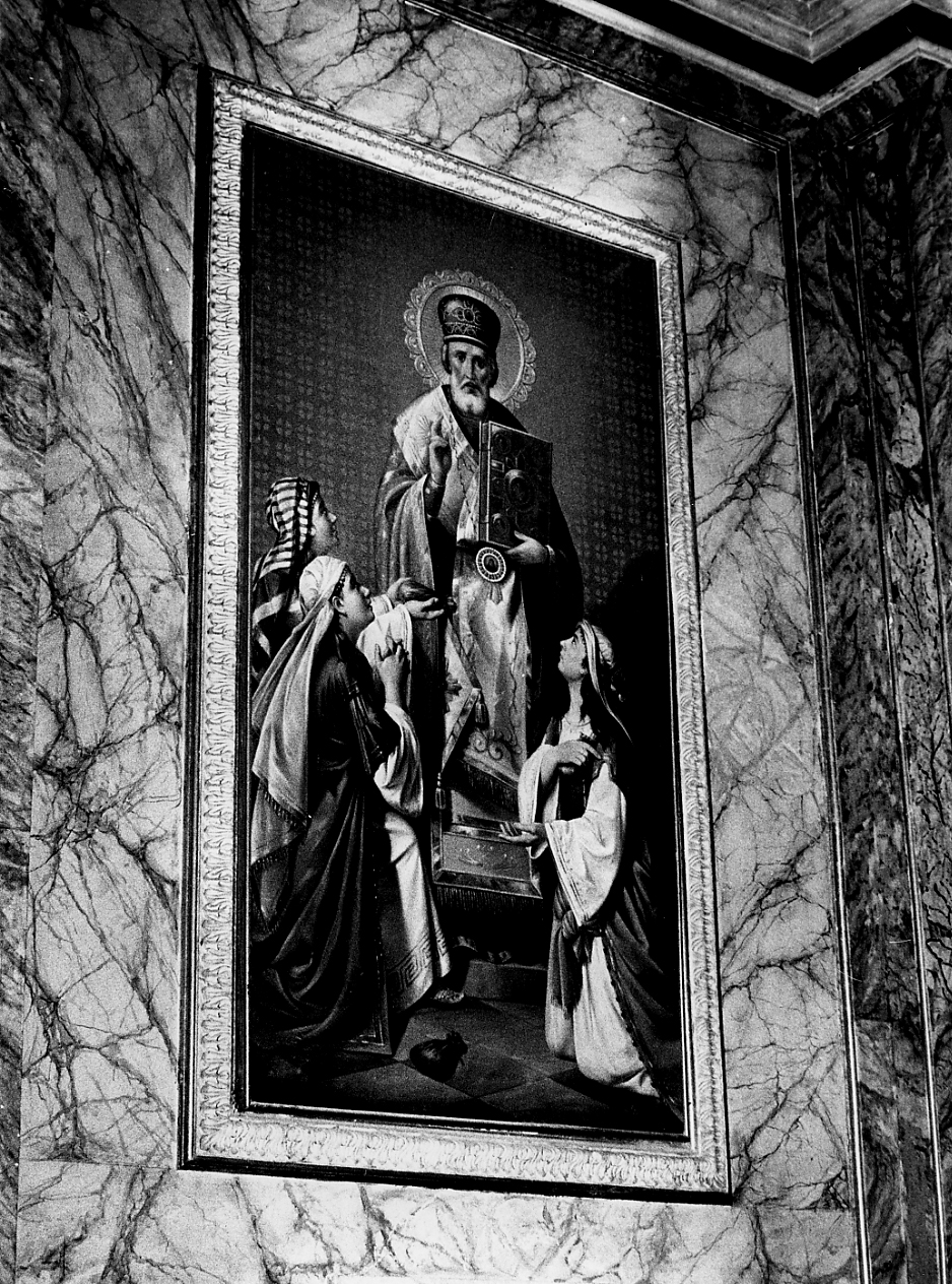 SAN NICOLA DI BARI E TRE FANCIULLE (dipinto) di Marchiani Enrico (sec. XX)