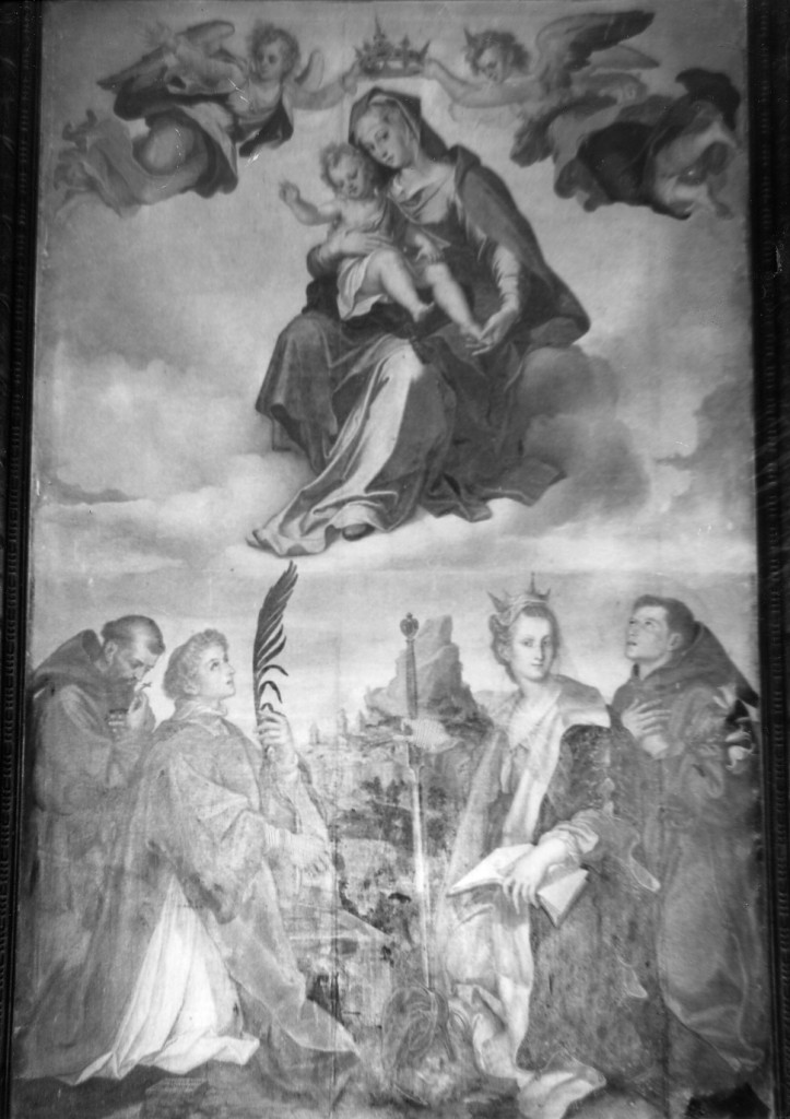 Madonna e Bambino con angeli e i Santi Francesco d'Assisi, Lorenzo, Caterina d'Alessandria e Antonio da Padova (dipinto) di Buono Silvestro (attribuito) (sec. XVI)