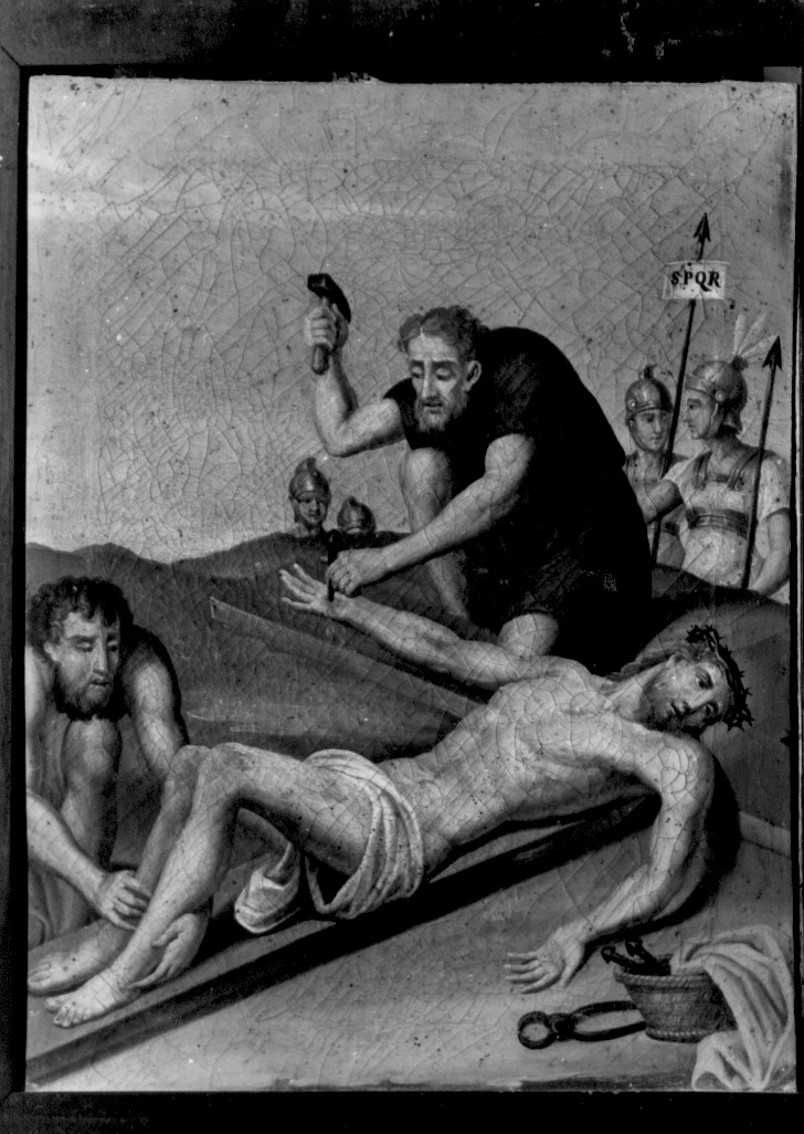 stazione XI: Gesù inchiodato alla croce (dipinto, serie) di De Benedictis Francesco Maria (sec. XIX)