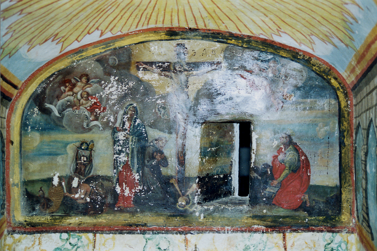 CRISTO CROCIFISSO CON LA MADONNA, SAN GIOVANNI EVANGELISTA E SAN FRANCESCO (dipinto) - ambito abruzzese (inizio sec. XVII)