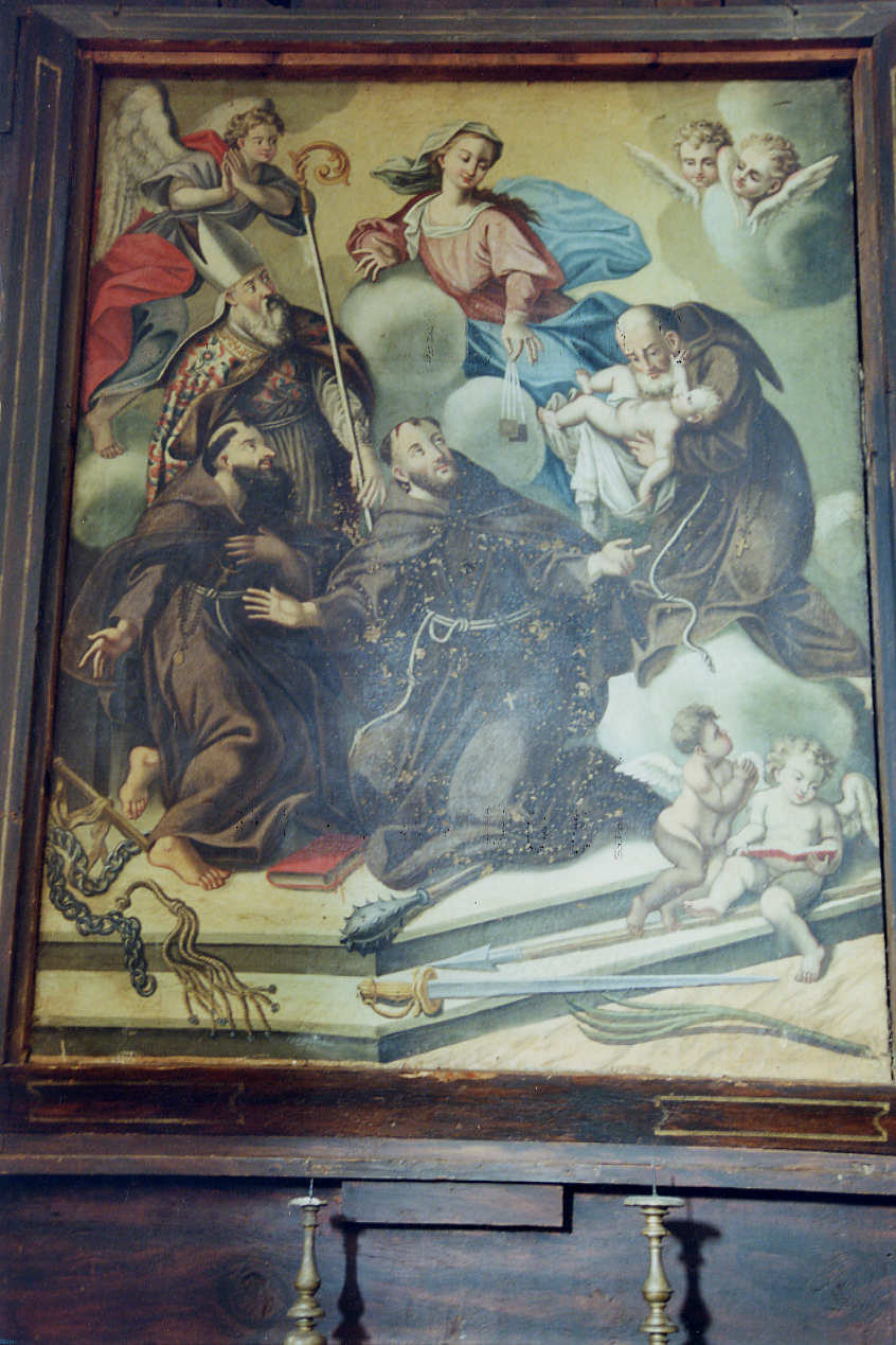 MADONNA DEL CARMELO CHE OFFRE LO SCAPOLARE A SANTI FRANCESCANI (pala d'altare) - ambito abruzzese (inizio sec. XVII)