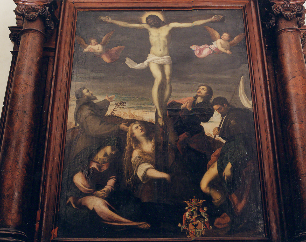 CROCIFISSIONE DI CRISTO E SANTI (dipinto, opera isolata) - ambito veneto (sec. XVI)