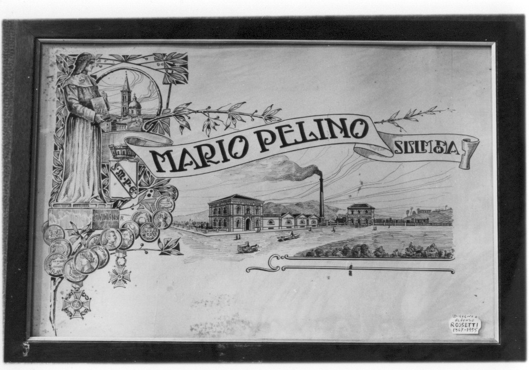 Veduta della Fabbrica Mario Pelino, veduta panoramica (disegno, opera isolata) di Rossetti Alfonso (attribuito) (sec. XX)