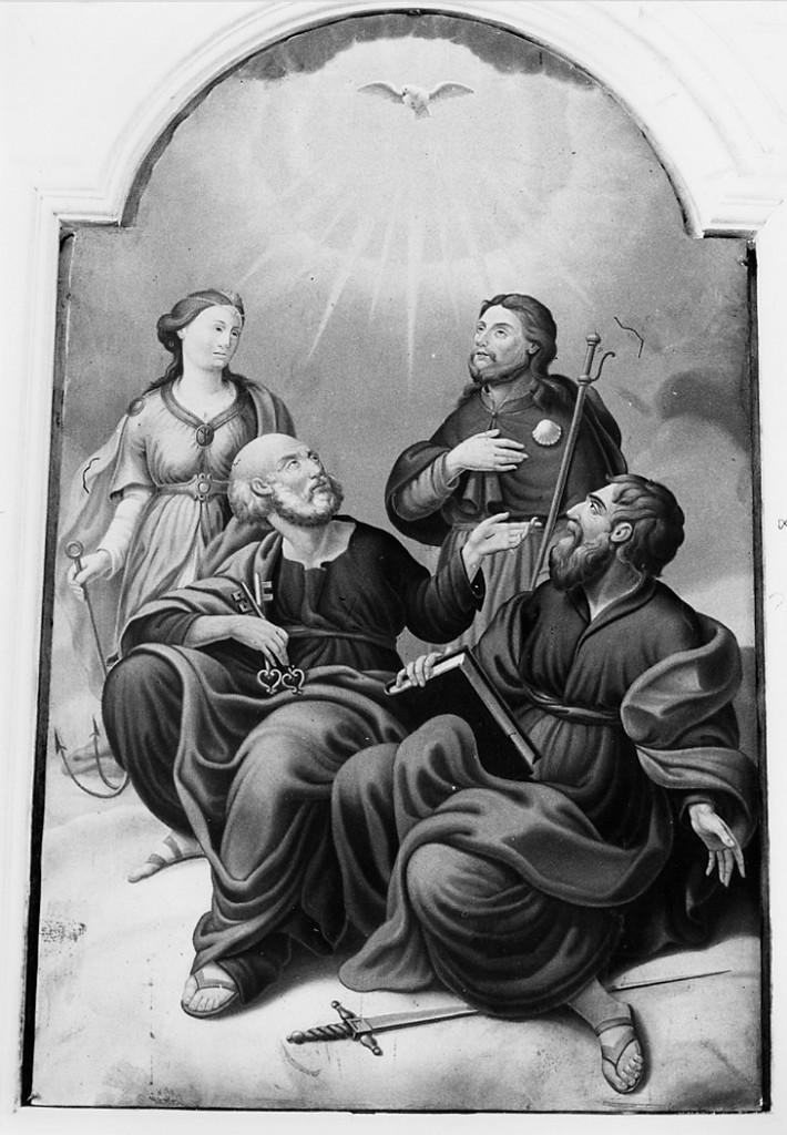 I Santi Rocco, Filomena, Pietro e Paolo illuminati dallo Spirito Santo (pala) - ambito Italia centrale (sec. XIX)