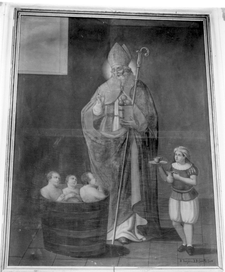 SAN NICOLA DI BARI, SAN NICOLA DI BARI RESUSCITA I TRE FANCIULLI (dipinto, opera isolata) di Palmerio Ferdinando (attribuito) (sec. XIX)