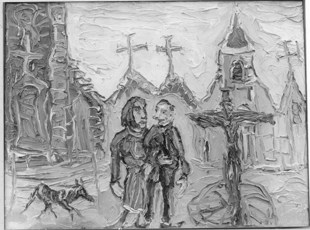 I fidanzati nella piazzetta (dipinto) di Caroli Carlo (sec. XX)