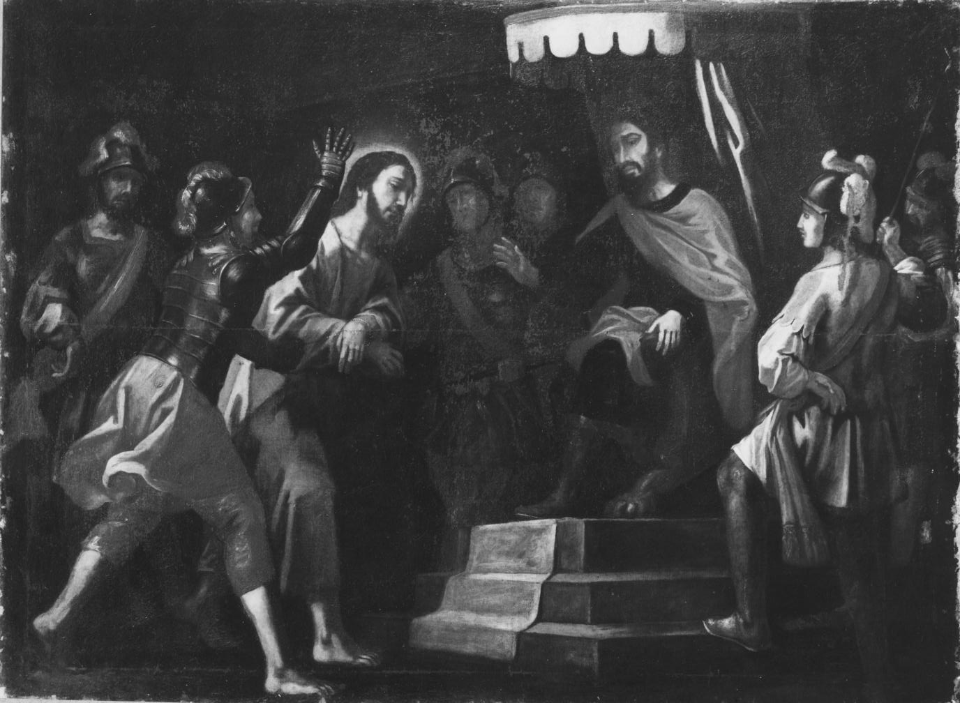 Cristo davanti a Pilato (dipinto) di Conversi Vito Antonio (bottega) (metà sec. XVIII)