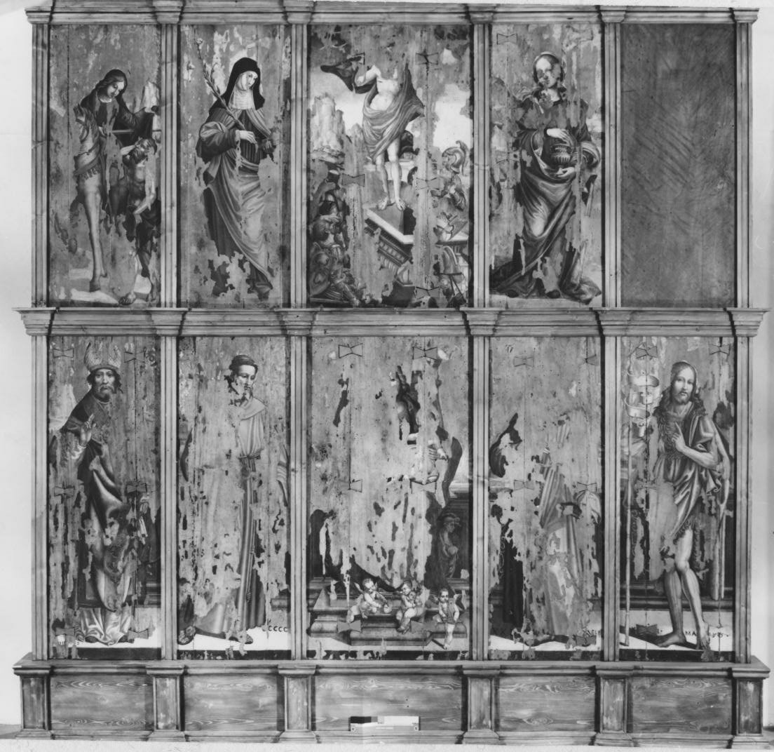 San Martino, Santa Chiara, Resurrezione, Santa Maria Maddalena, San Donato, San Francesco, Madonna con Bambino in trono, Sant'Antonio, San Giovanni Battista (polittico, frammento) - ambito lucano (sec. XVI)