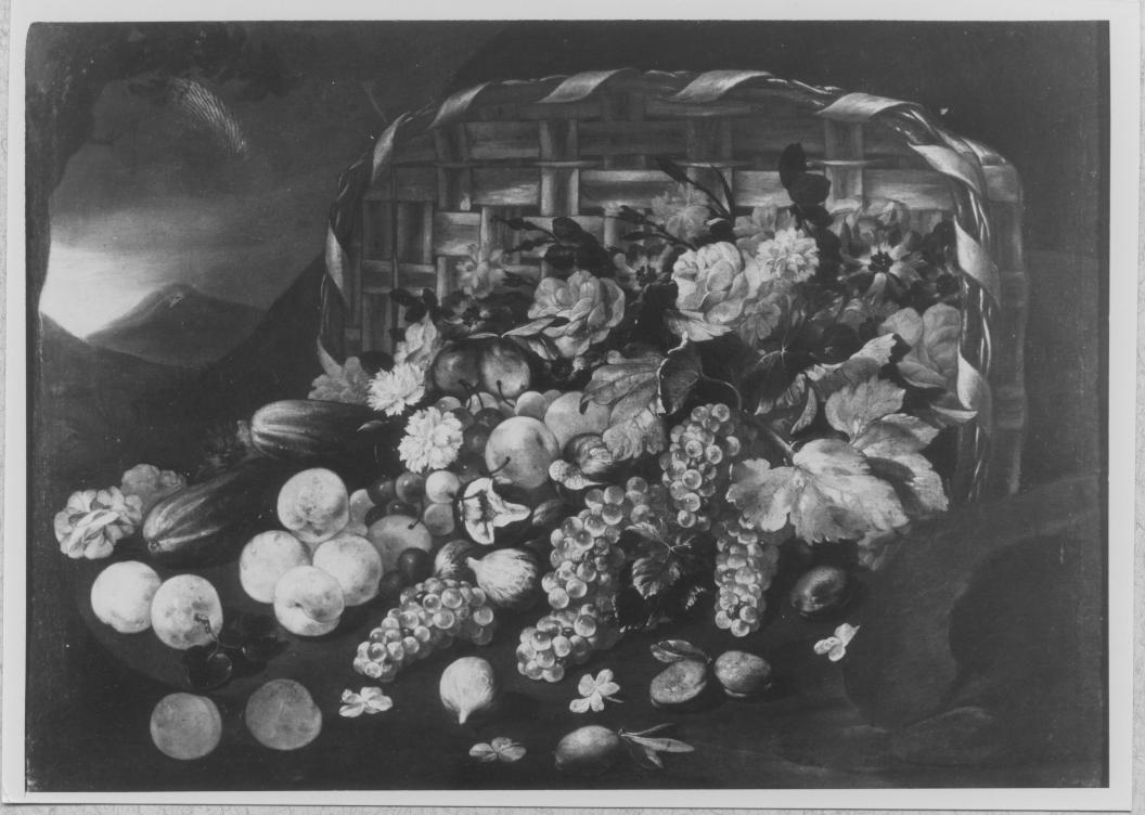 Canestro con fiori e frutti (dipinto) di Ruoppolo Giovan Battista (maniera) (seconda metà sec. XVII)