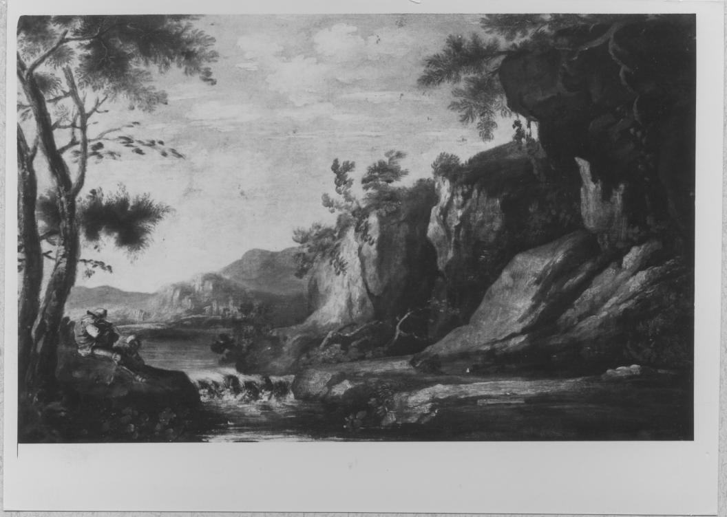 Paesaggio con cascata (dipinto) di Rosa Salvator (maniera) (seconda metà sec. XVII)