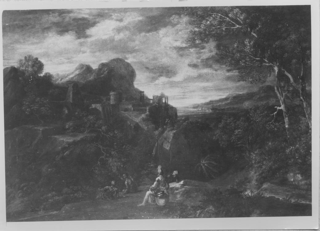 Bosco con veduta di città e figure umane (dipinto) di Rosa Salvator (maniera) (seconda metà sec. XVII)