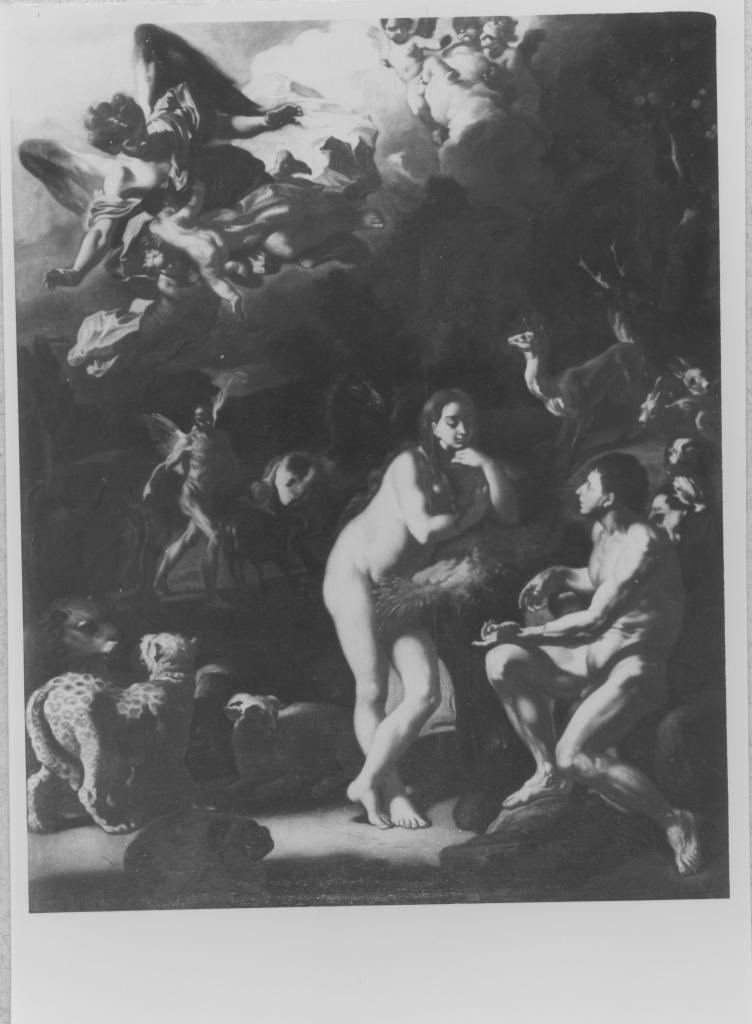 Adamo ed Eva nel paradiso terrestre (dipinto) di Olivieri Leonardo Antonio (attribuito) (sec. XVIII)