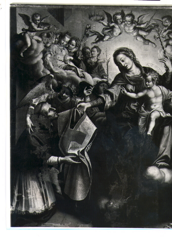 Madonna dona la pianeta a Sant'Ildefonso, Madonna con Bambino tra angeli e Santi (dipinto) di Giovanni de Gregorio detto Pietrafesa (sec. XVII)