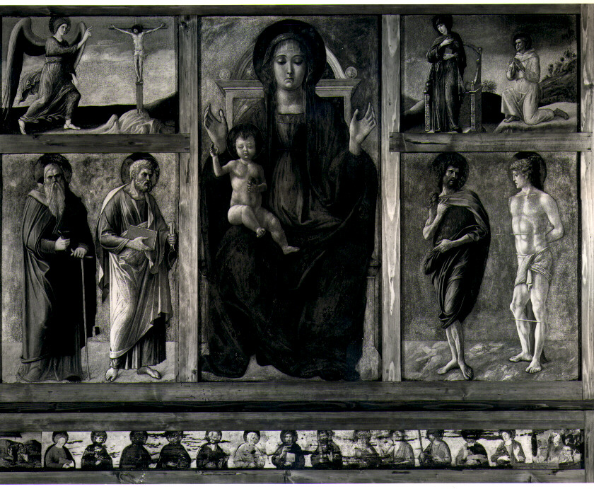 Madonna con Bambino, Angelo annunziante e Crocifisso, Madonna Annunciata e San Francesco d'Assisi, San Paolo Apostolo e San Pietro Apostolo, San Giovanni Battista e San Sebastiano, Cristo e gli Apostoli, Madonna con Bambino e Santi (polittico) di Bastiani Lazzaro (attribuito) (fine/inizio secc. XV/ XVI)