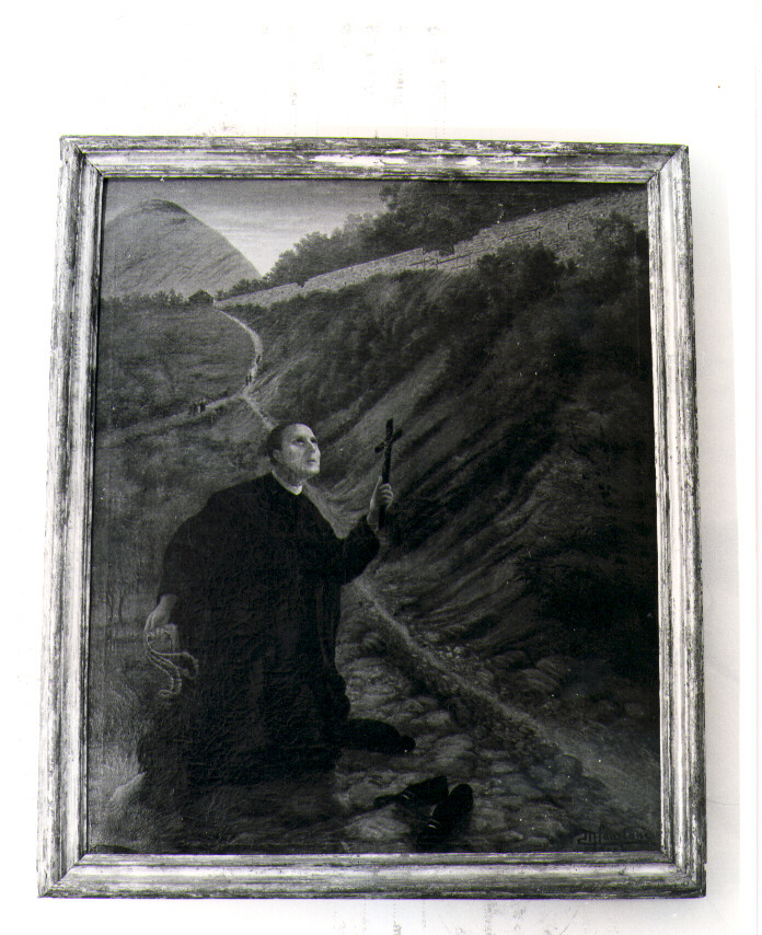 Il Ven. Lentini in preghiera, ritratto di ecclesiastico (dipinto) di Lanziani M (sec. XX)