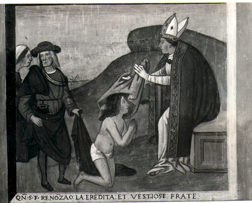 La rinunzia ai beni terreni da parte di San Francesco e la vestizione dell'abito di frate, episodi della vita di San Francesco d'Assisi (dipinto, elemento d'insieme) di Luce Giovanni (sec. XVI)