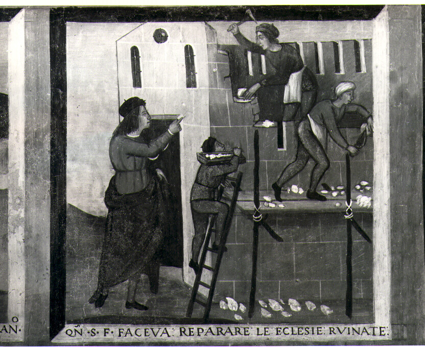 San Francesco d'Assisi restaura le chiese in rovina, episodi della vita di San Francesco d'Assisi (dipinto, elemento d'insieme) di Luce Giovanni (sec. XVI)