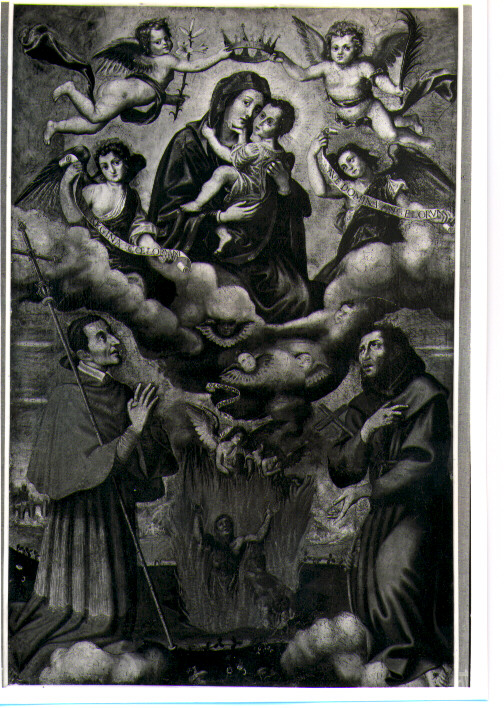 Madonna delle Grazie con San Fracesco d'Assisi e San Carlo Borromeo, Madonna con personaggi che implorano il suo aiuto (dipinto) di Giovanni de Gregorio detto Pietrafesa (cerchia) (sec. XVII)