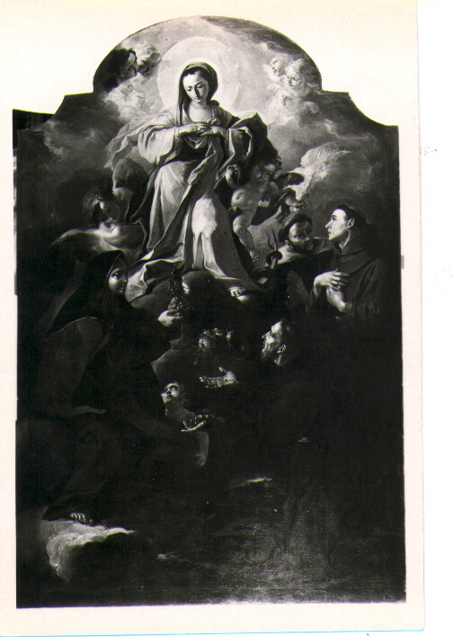 Madonna Immacolata con Santa Chiara, San Francesco, Sant'Antonio e Santo domenicano, Madonna Immacolata e Santi (dipinto) di Calebrano F (sec. XVIII)